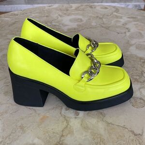 Call It Spring Noella Chain Platform Neon Green Vegan Leather Chunky Loafers